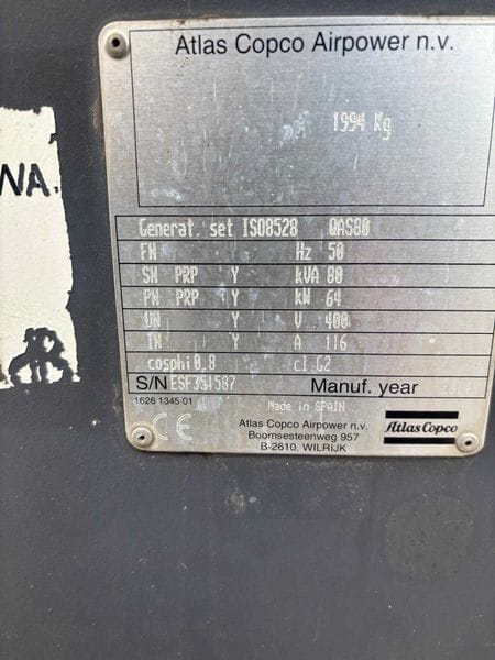 Agregat prądotwórczy Atlas Copco QAS 80 - 80 kVA- 2014 r - Photo 2